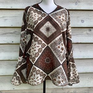Vintage 90s Brown Floral Paisley Long Bell Sleeve V-Neck Sheer Popover Blouse